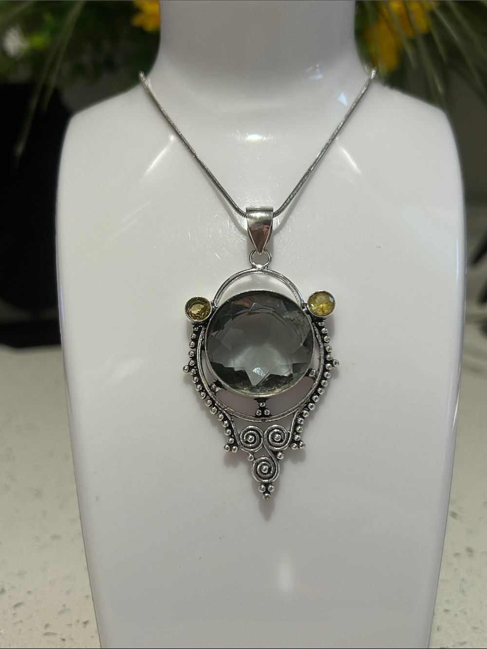 White Topaz & Citrine Ethnic Handmade Gemstone Pendant Necklace